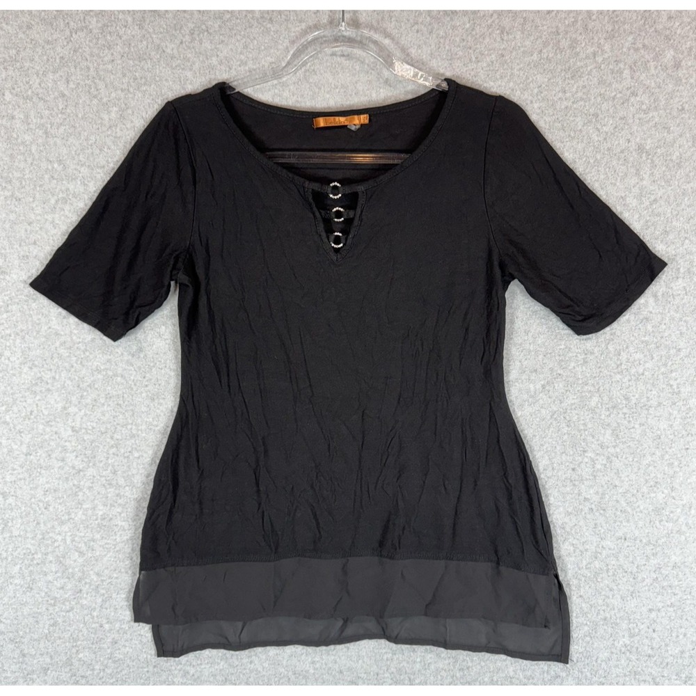 Beldini Shirt Womens Small Black Sheer Trim Short Sleeve Rhinestone Accents Top